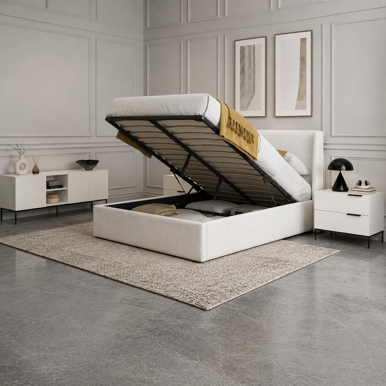 Jasper Queen Lift-Up Storage Boucle Bed