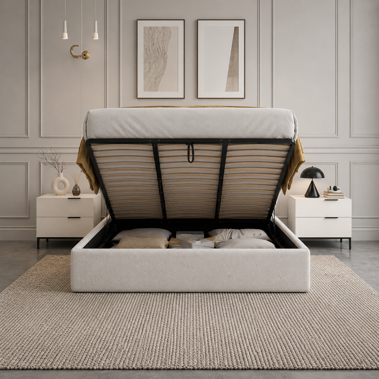 Jasper King Lift-Up Storage Boucle Bed