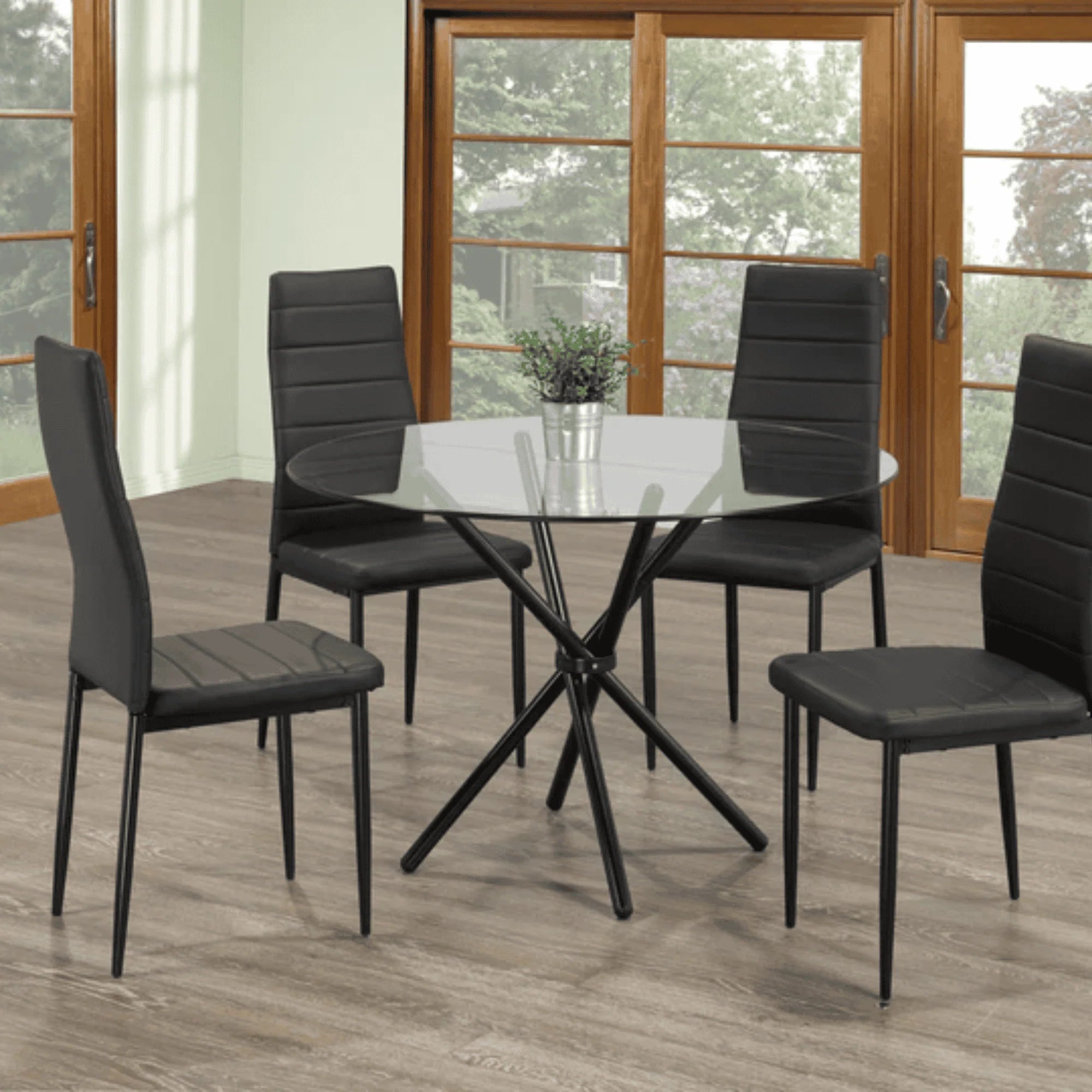 Velets Bella Round Glass Top Dining Table with Black Legs