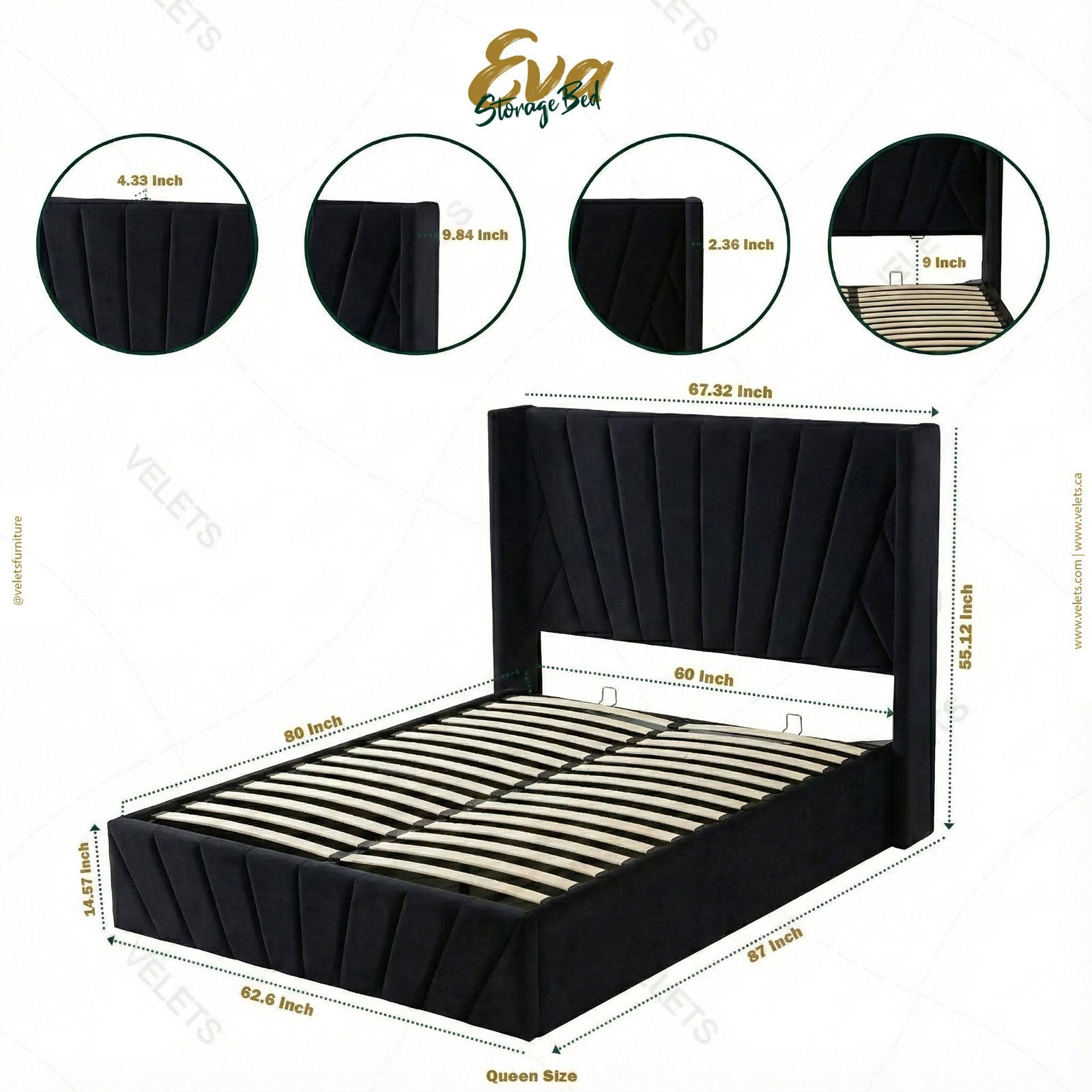 Eva Queen Black Lift-Up Storage Bed