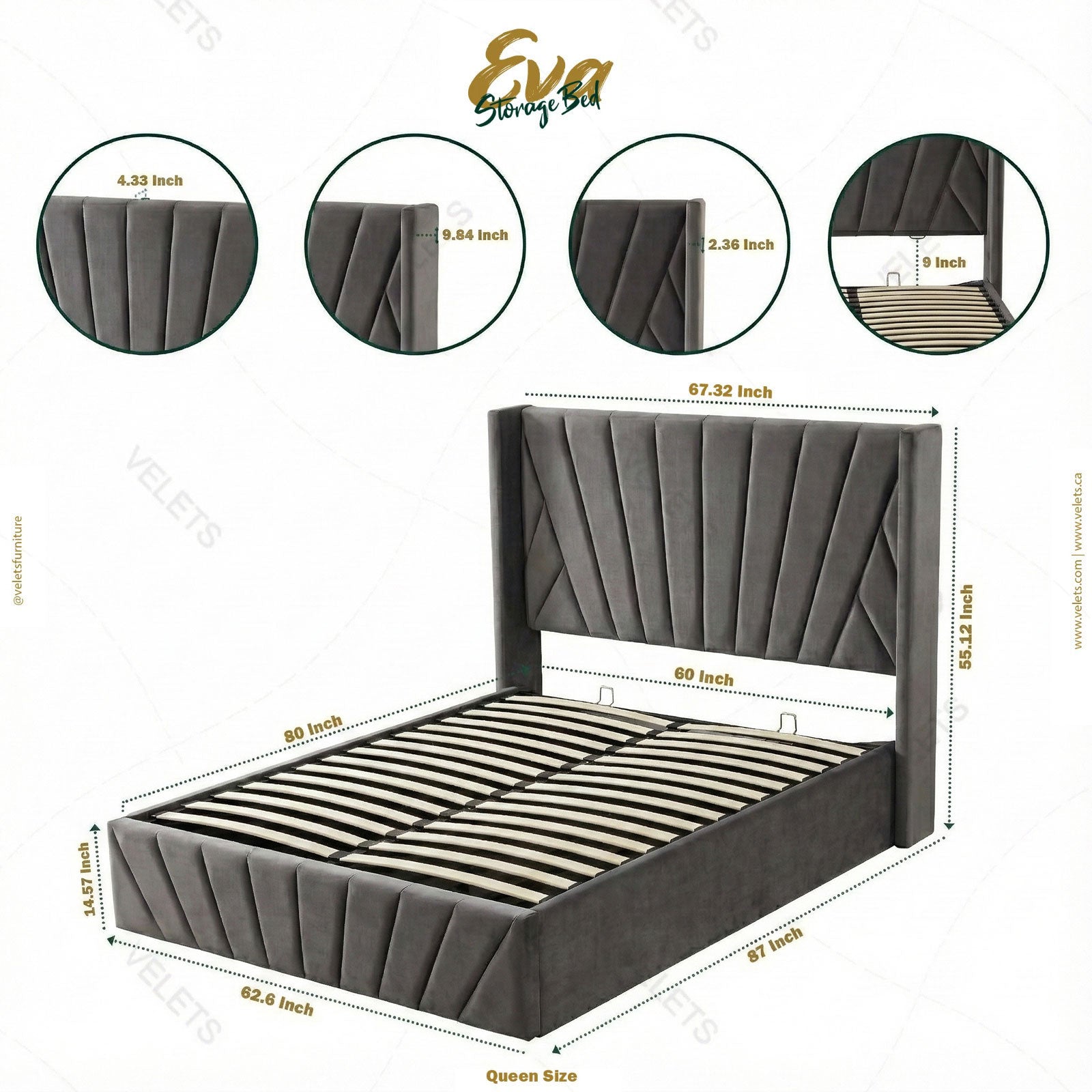 Eva Queen Dark Gray Lift-Up Storage Bed