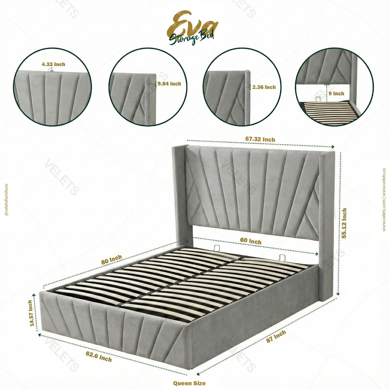 Eva Queen Light Gray - Lift-Up Storage Bed