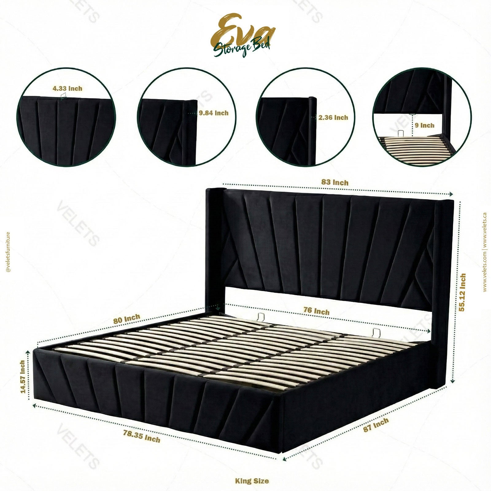 Eva King Black Lift-Up Storage Bed