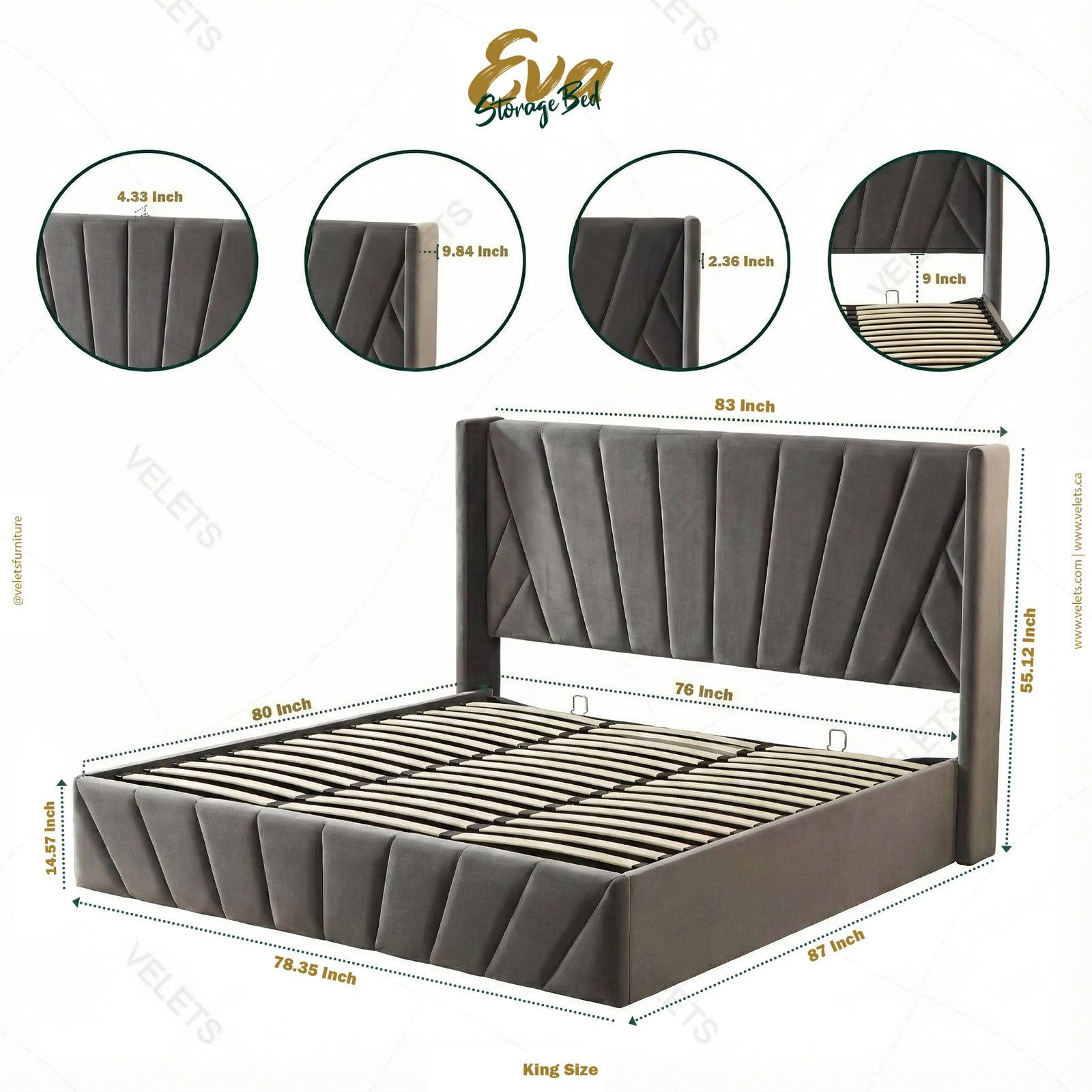Eva King Dark Gray Lift-Up Storage Bed