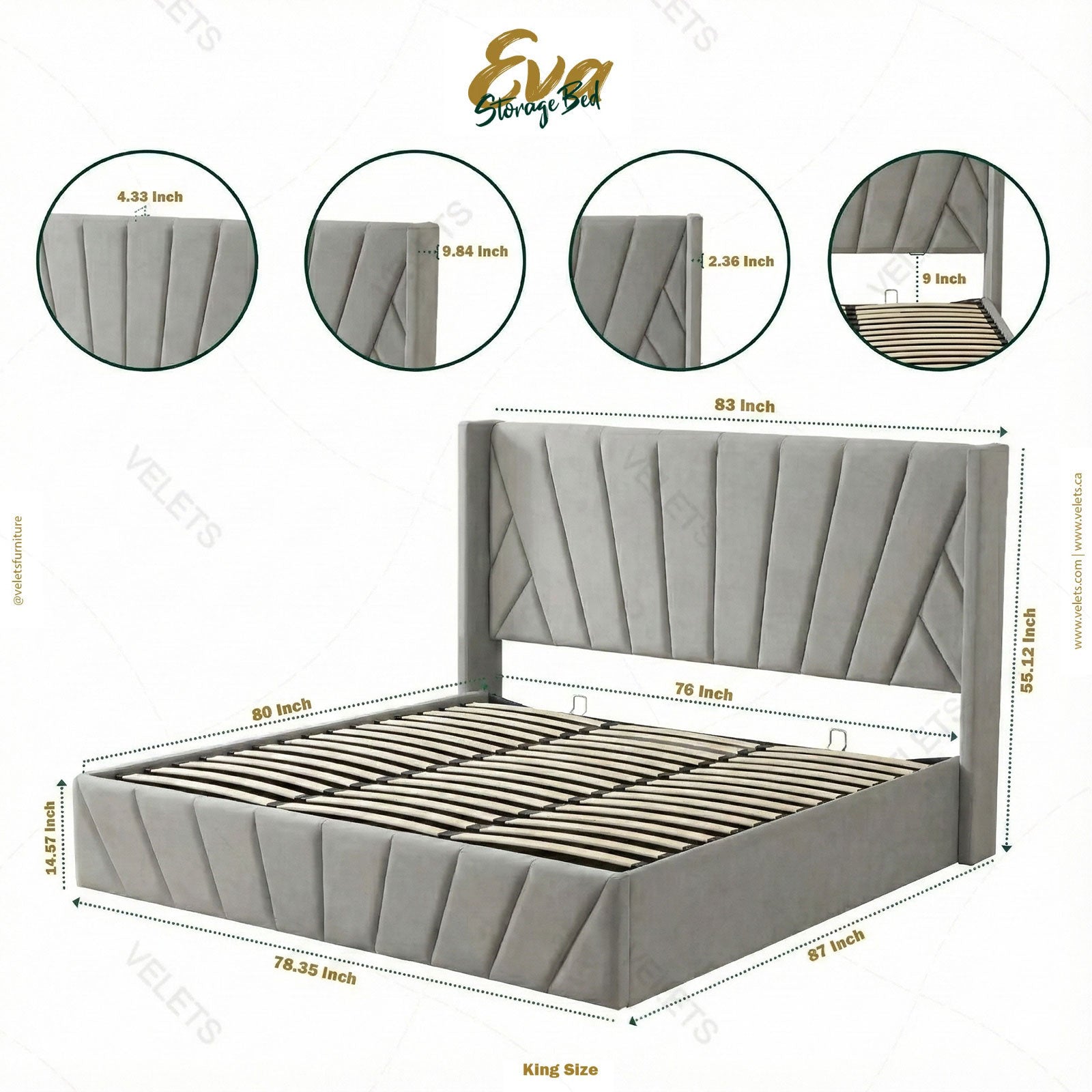 Eva King Light Gray Lift-Up Storage Bed