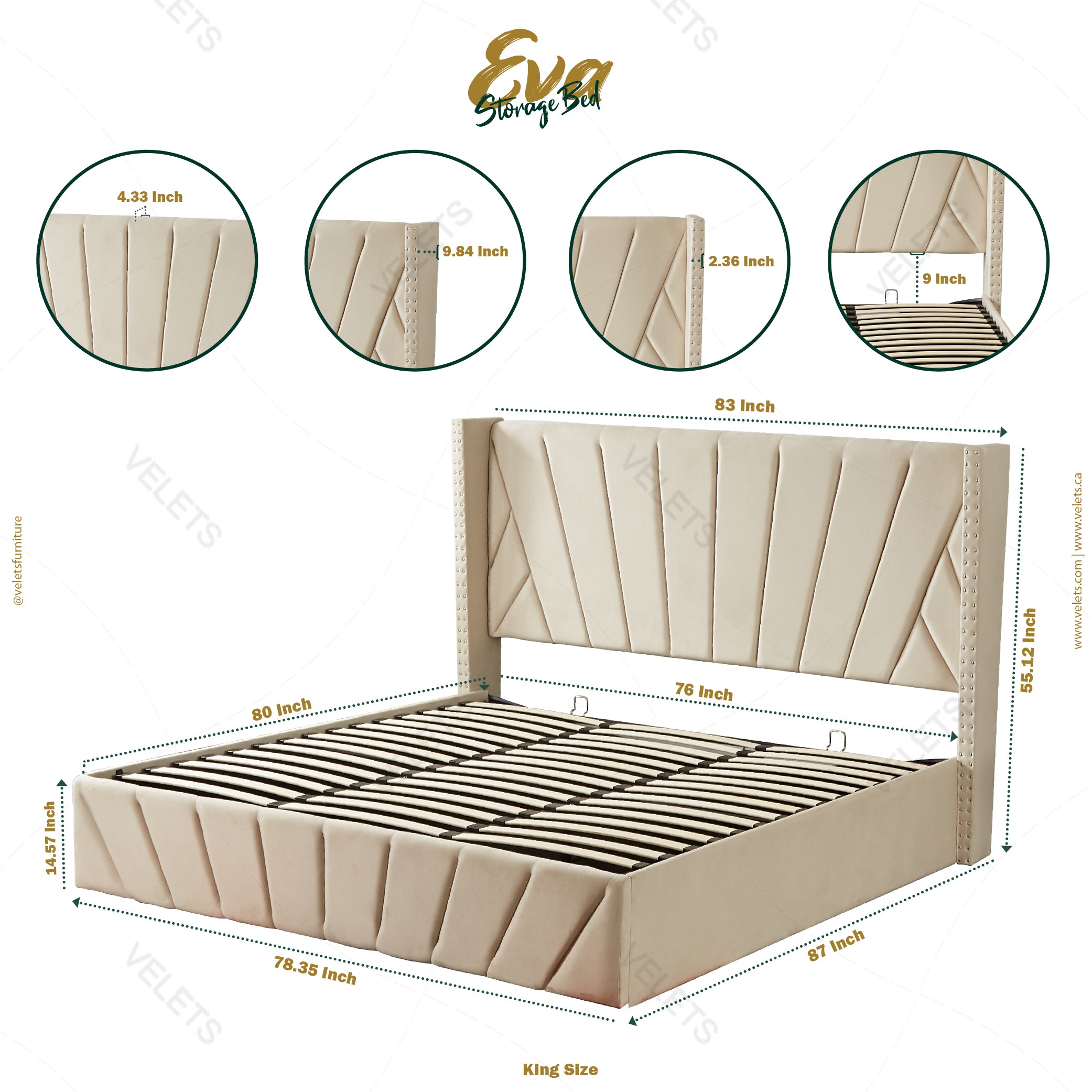 Velets Eva Contemporary Mid-Century Soft Padded Upholstered Platform Storage Bed Frame with Hydraulic Gas Lift Storage - Solid Wood Frame, Wood Slat System & Smart Hydraulic Under-Bed Storage - Ivory