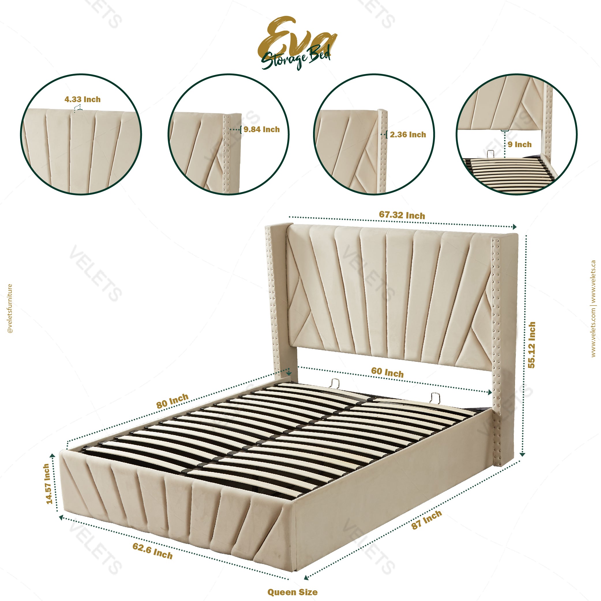 Velets Oliver Contemporary Mid-Century Soft Padded Upholstered Platform Storage Bed with Hydraulic Gas Lift Storage - Solid Wood Frame, Wood Slat System & Smart Hydraulic Under-Bed Storage - Ivory