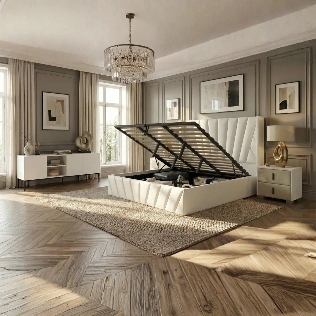 Eva King Ivory Lift-Up Storage Bed