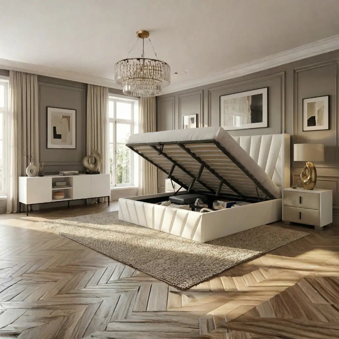Eva King Ivory Lift-Up Storage Bed