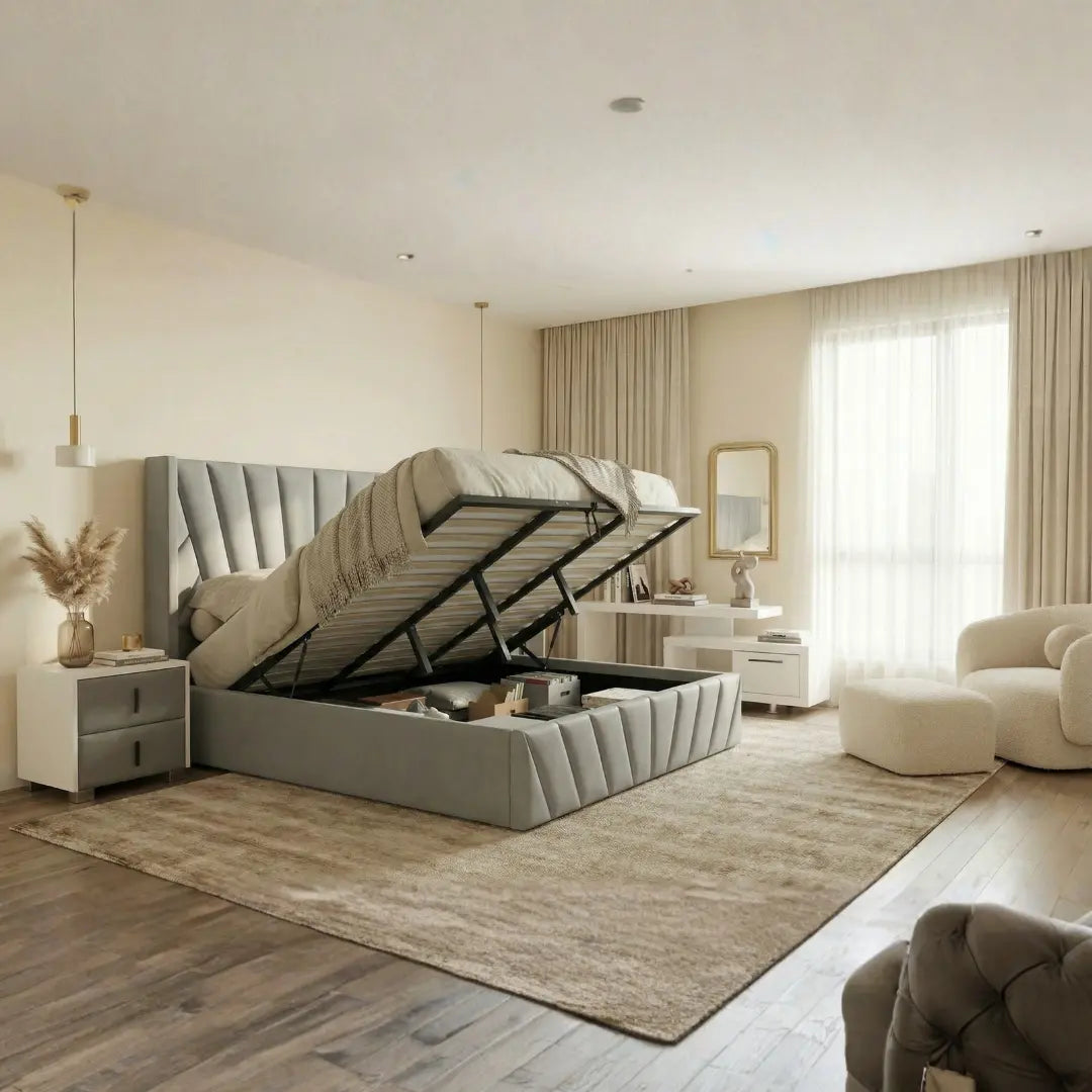 Eva King Light Gray Lift-Up Storage Bed