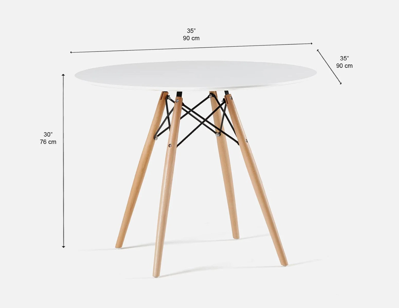 The Velets 36 inch Ember Round Dining Table with Sturdy Wooden Legs and Black Metal Brace - White