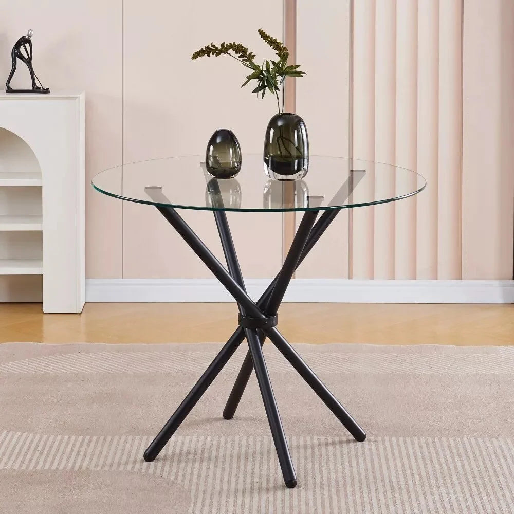 Velets Bella Round Glass Top Dining Table with Black Legs