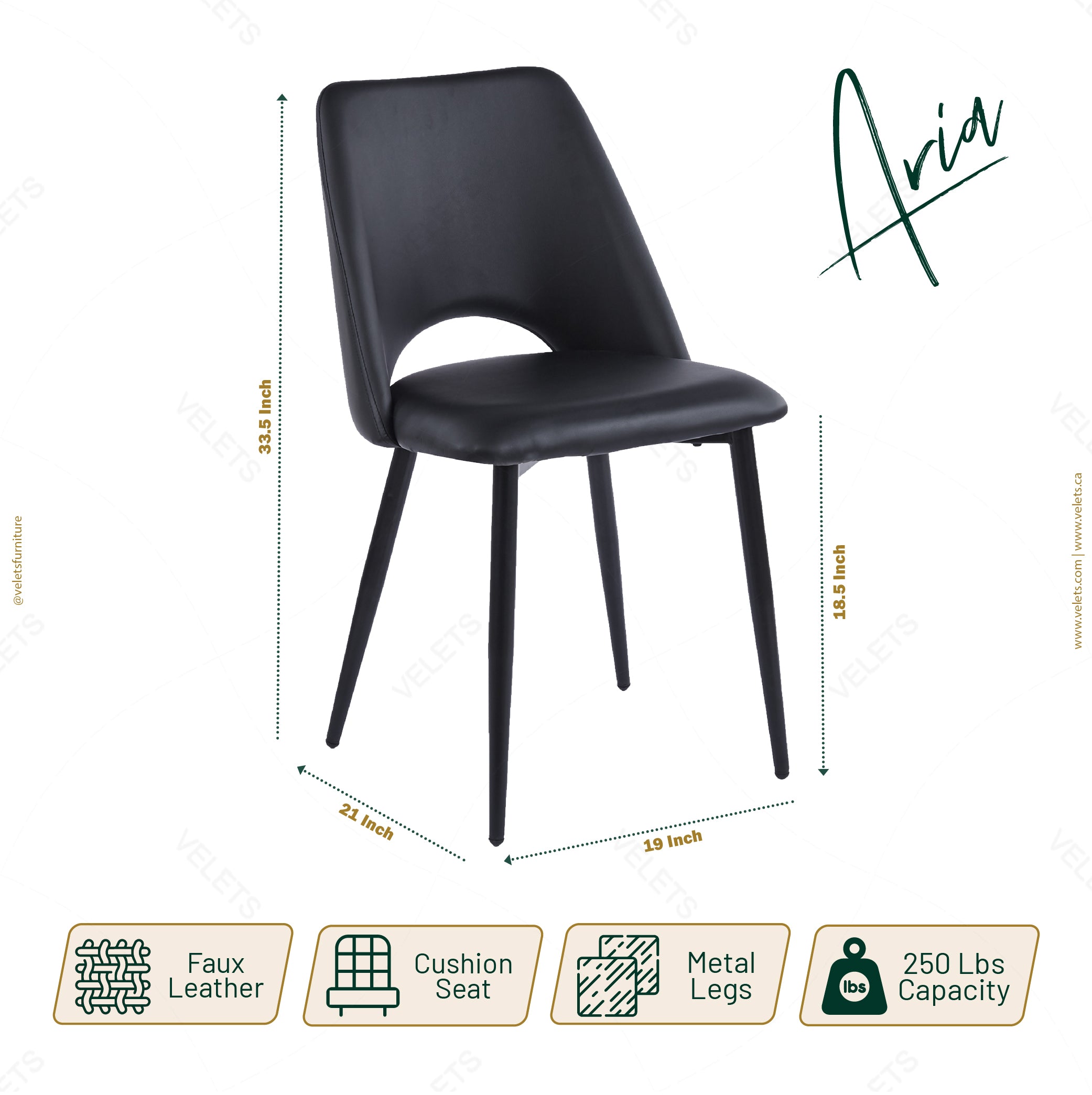 Velets Aria Set of 4 Upholstered Side Chair / Dining Chair - Faux Leather - Black - Black Leg