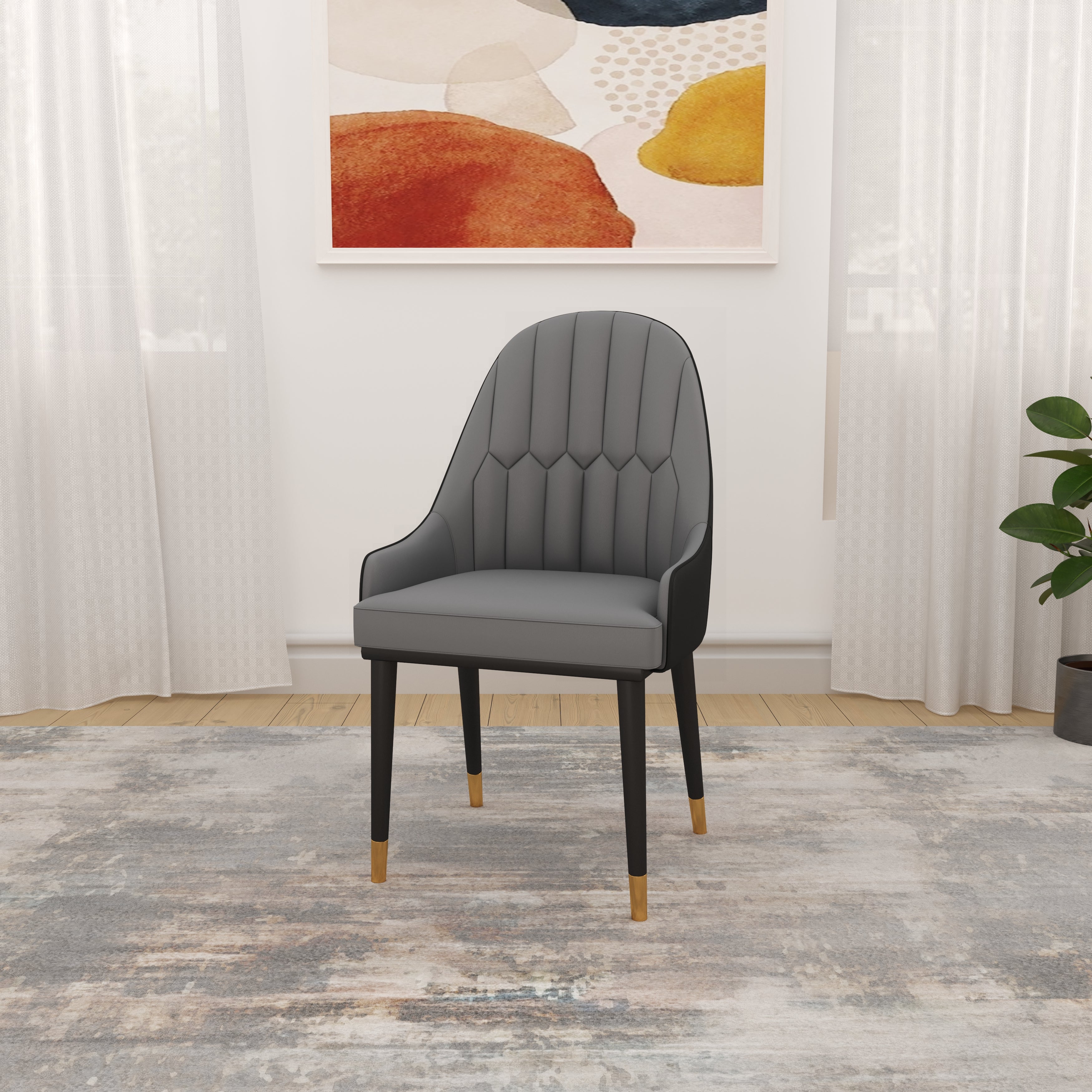 Velets Aura Set of 4 Upholstered Side Chair - Faux Leather -  Gray Black - Golden Tip Leg