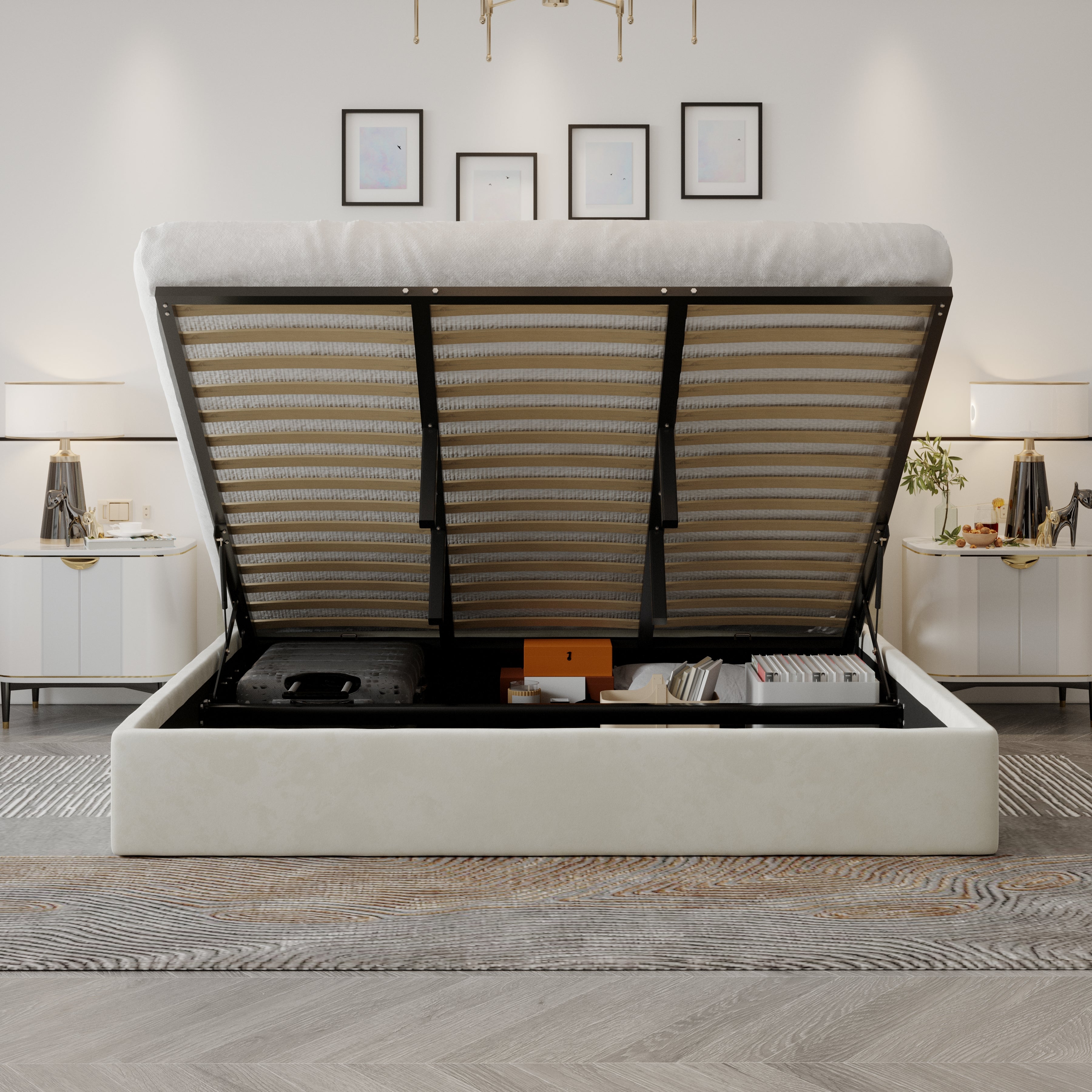 Velets Oliver Contemporary Mid-Century Soft Padded Upholstered Platform Storage Bed with Hydraulic Gas Lift Storage - Solid Wood Frame, Wood Slat System & Smart Hydraulic Under-Bed Storage - Ivory