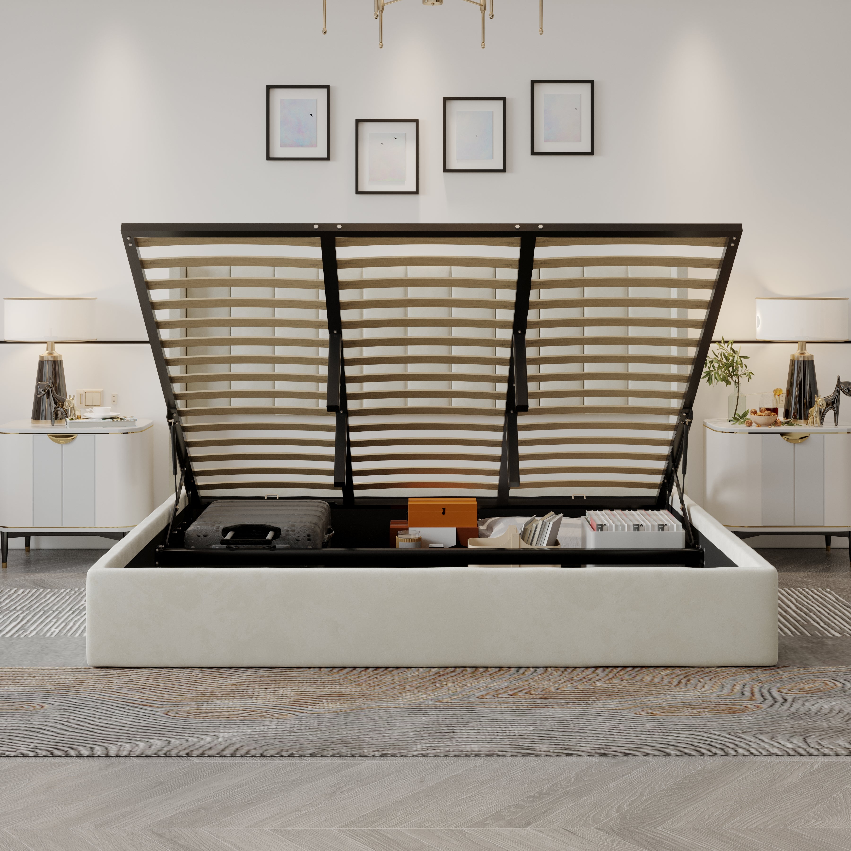 Velets Oliver Contemporary Mid-Century Soft Padded Upholstered Platform Storage Bed with Hydraulic Gas Lift Storage - Solid Wood Frame, Wood Slat System & Smart Hydraulic Under-Bed Storage - Ivory