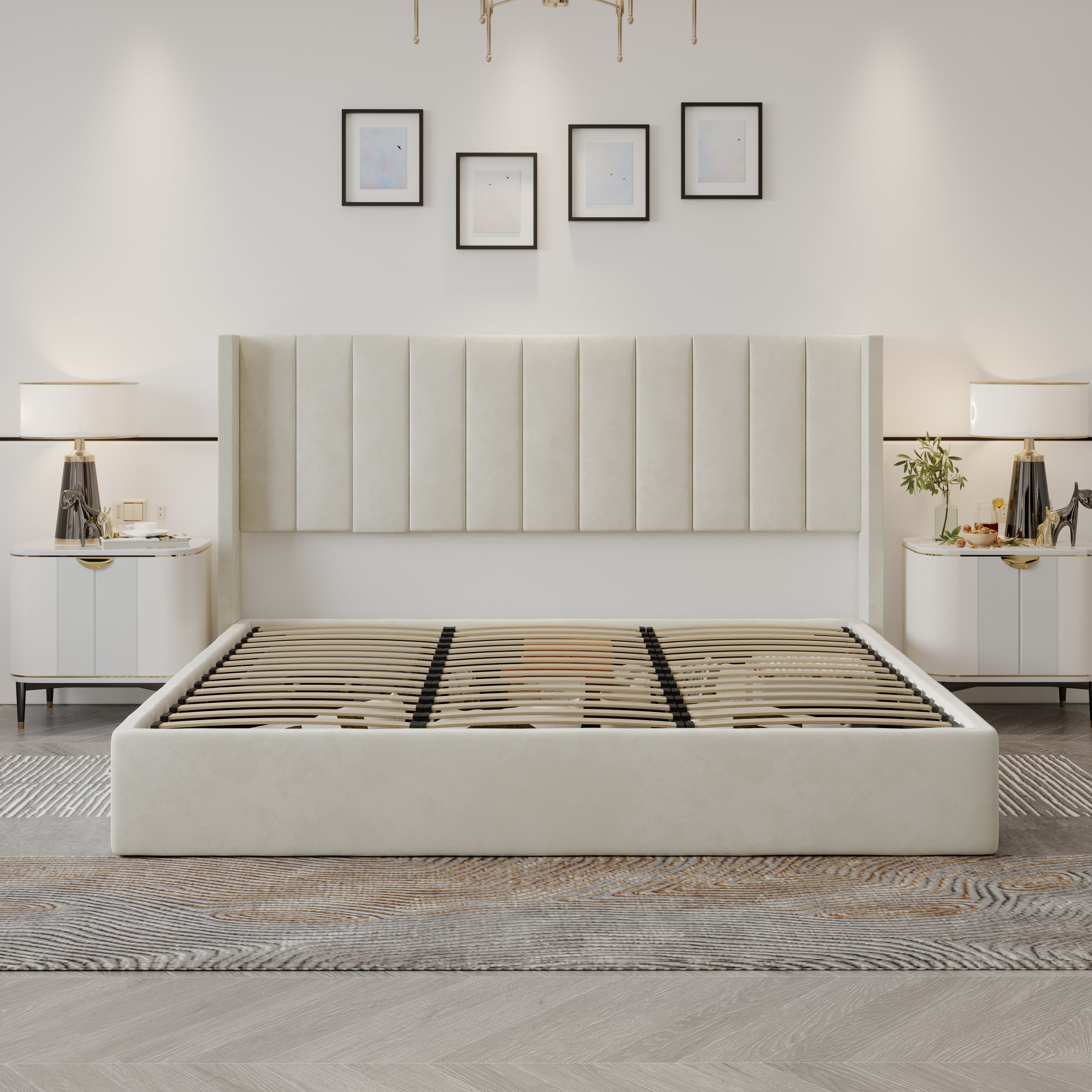 Velets Oliver Contemporary Mid-Century Soft Padded Upholstered Platform Storage Bed with Hydraulic Gas Lift Storage - Solid Wood Frame, Wood Slat System & Smart Hydraulic Under-Bed Storage - Ivory