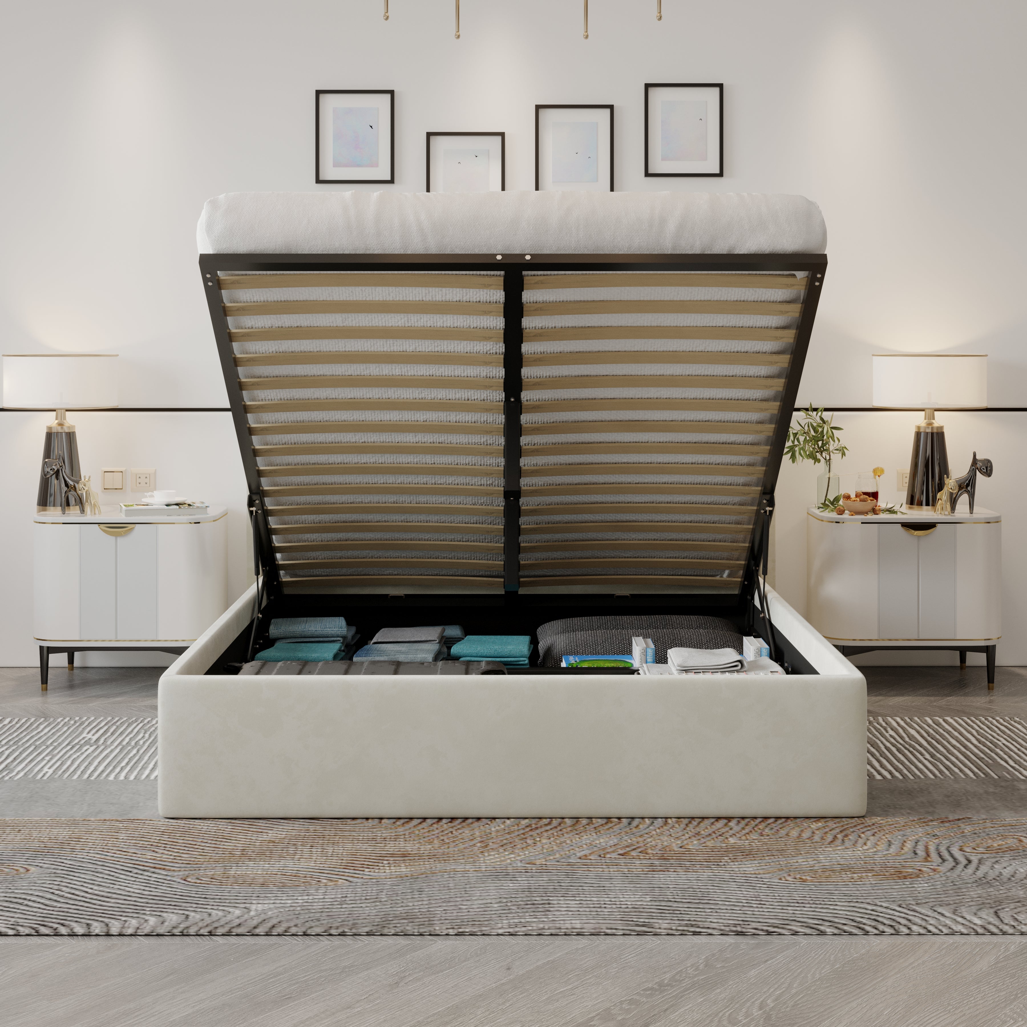 Velets Oliver Contemporary Mid-Century Soft Padded Upholstered Platform Storage Bed with Hydraulic Gas Lift Storage - Solid Wood Frame, Wood Slat System & Smart Hydraulic Under-Bed Storage - Ivory