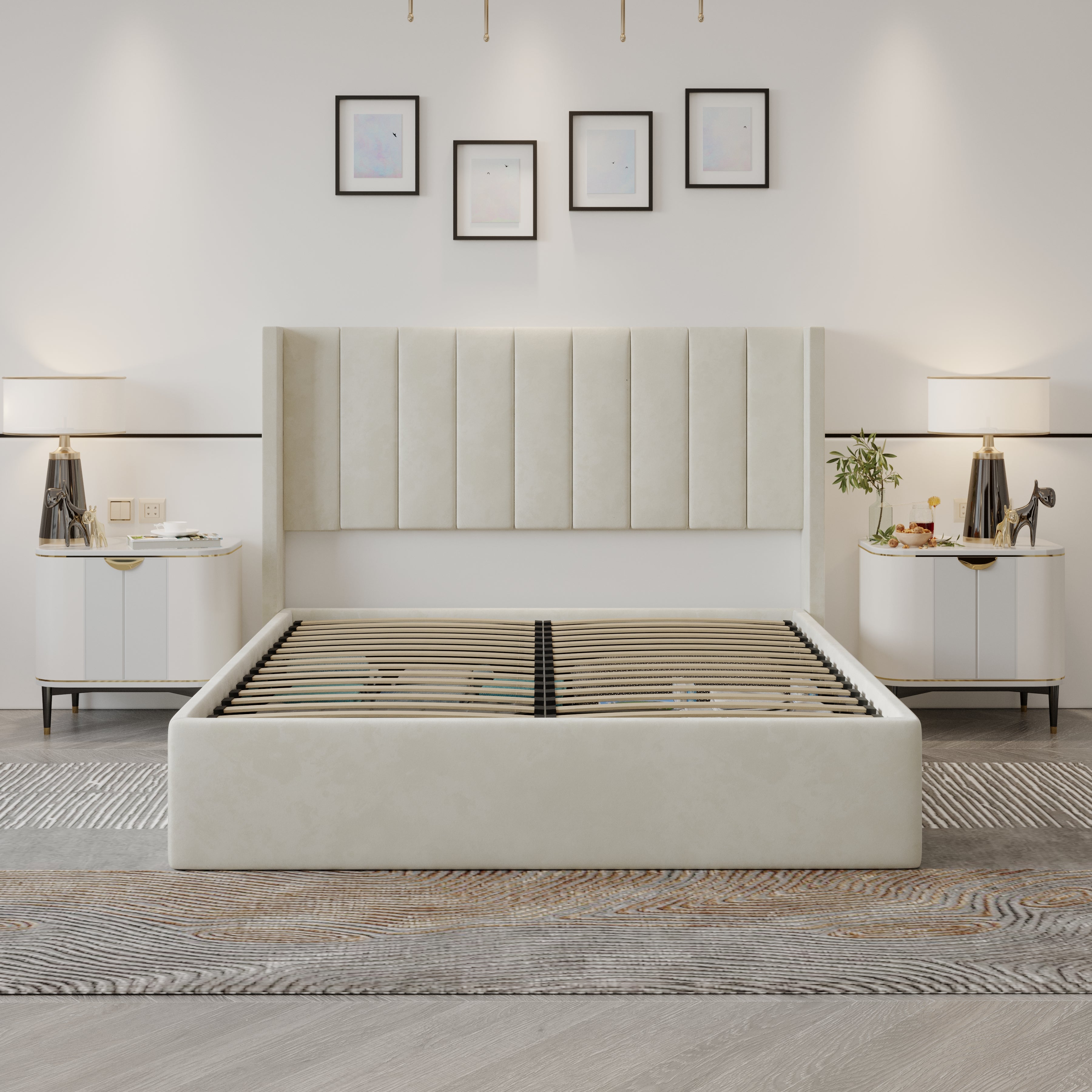 Velets Oliver Contemporary Mid-Century Soft Padded Upholstered Platform Storage Bed with Hydraulic Gas Lift Storage - Solid Wood Frame, Wood Slat System & Smart Hydraulic Under-Bed Storage - Ivory