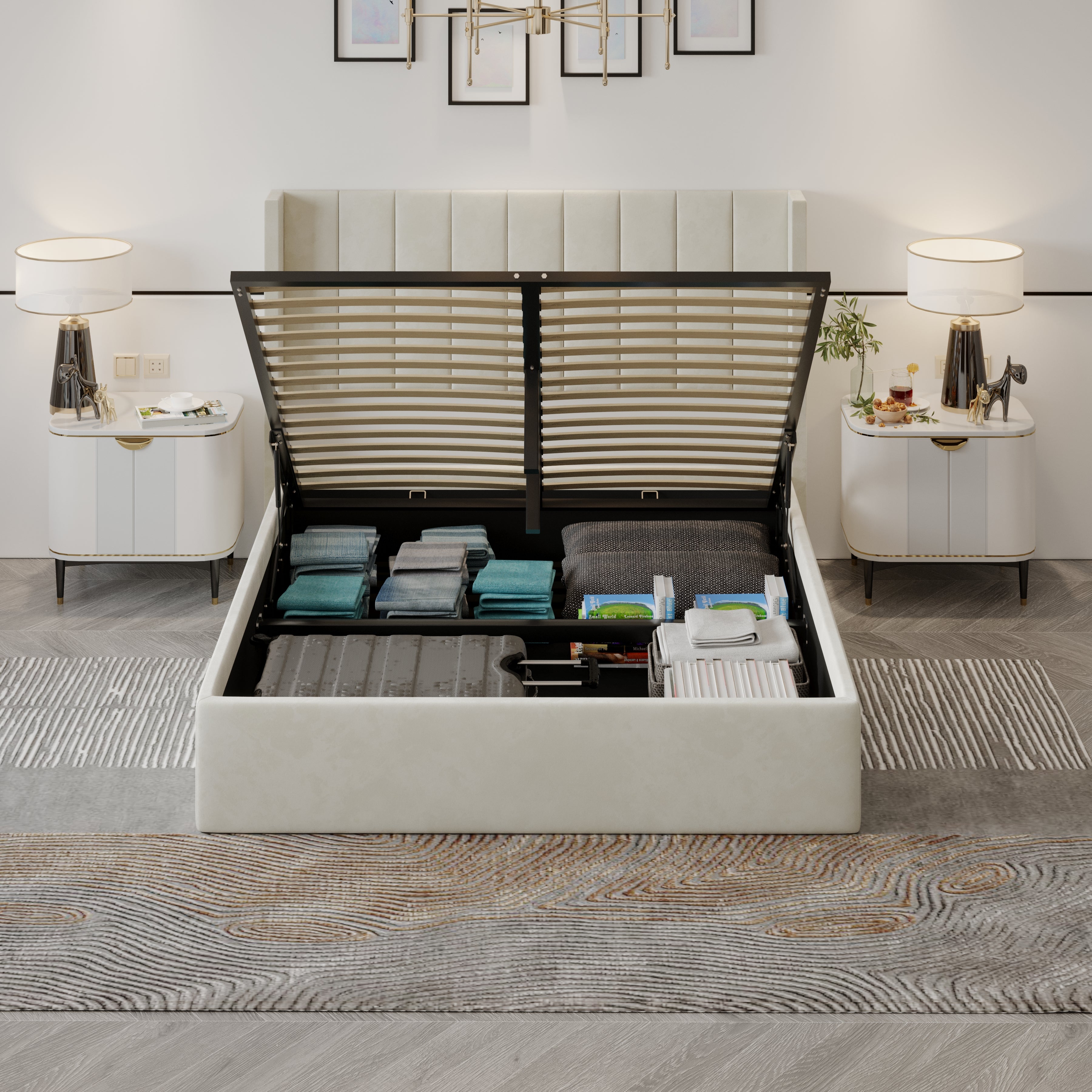 Velets Oliver Contemporary Mid-Century Soft Padded Upholstered Platform Storage Bed with Hydraulic Gas Lift Storage - Solid Wood Frame, Wood Slat System & Smart Hydraulic Under-Bed Storage - Ivory