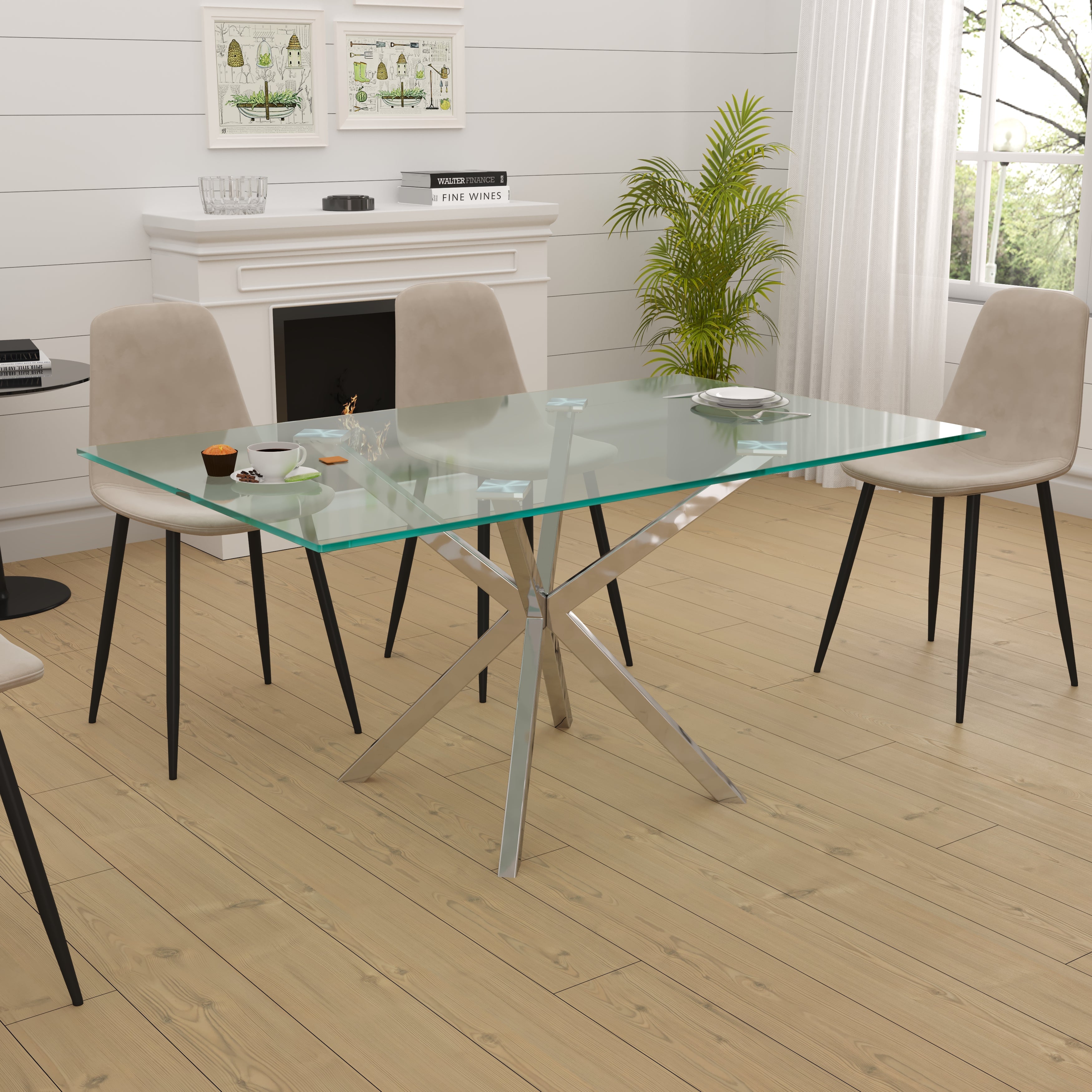 The Velets Stella Rectangular Glass Top Dining Table With Chrome Legs