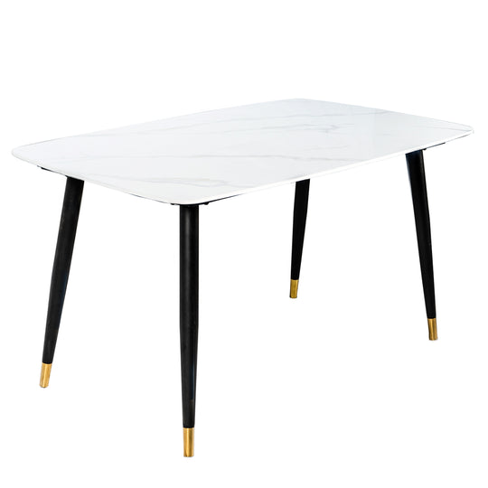 Stone Top Dining Table with Metal Legs and Gold-Tipped Accents - Modern Elegance for Your Dining Space - White