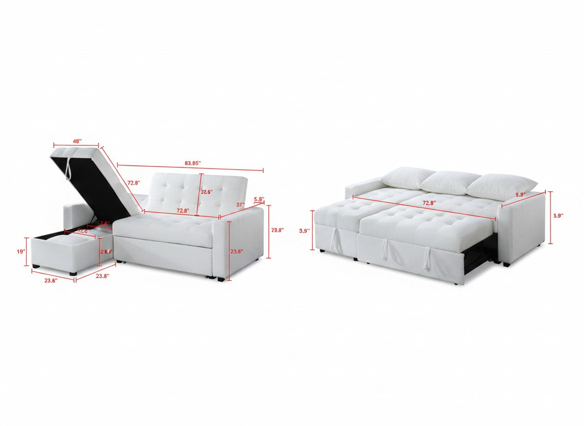 Zane Boucle White Sofa Bed | Convertible Pull Out Sleeper with Hidden Storage