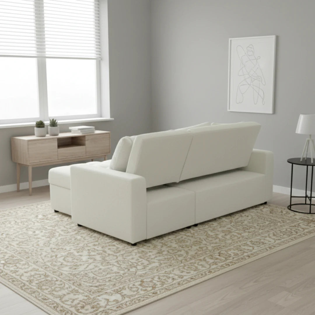 Zane Boucle White Sofa Bed | Convertible Pull Out Sleeper with Hidden Storage