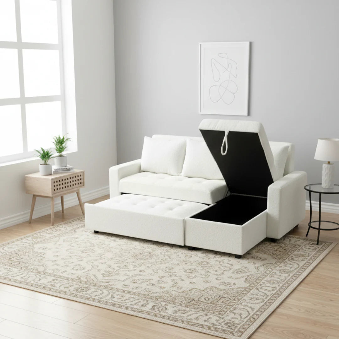 Zane Boucle White Sofa Bed | Convertible Pull Out Sleeper with Hidden Storage