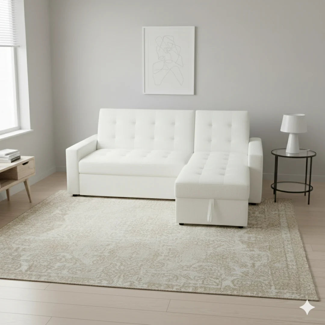 Zane Boucle White Sofa Bed | Convertible Pull Out Sleeper with Hidden Storage
