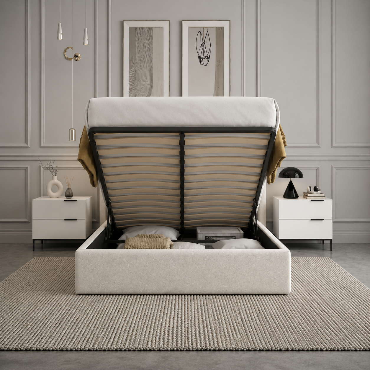 Jasper Queen Lift-Up Storage Boucle Bed