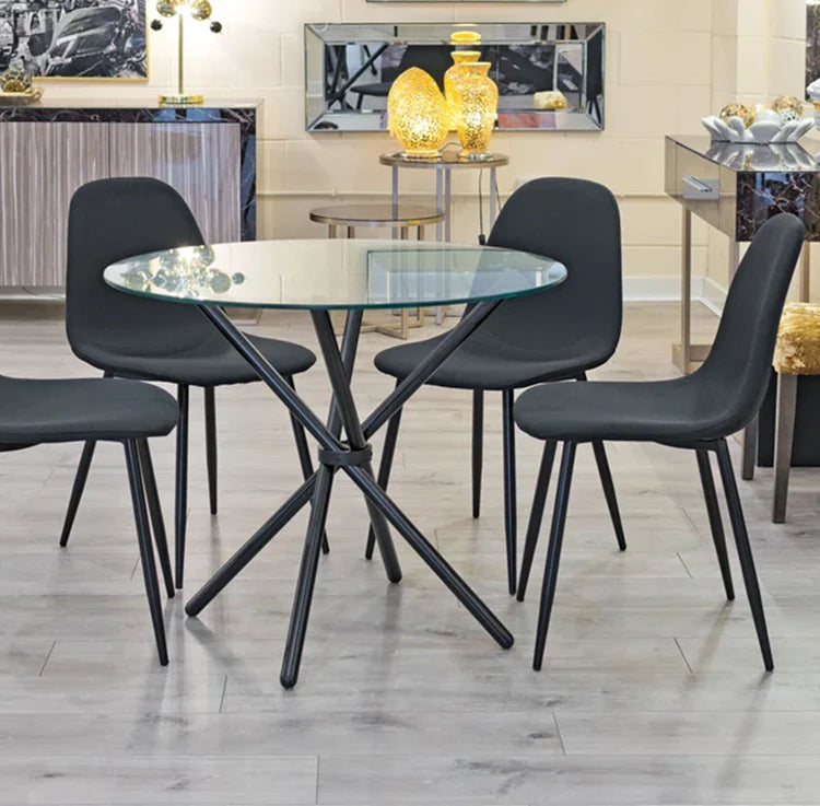 Velets Bella Round Glass Top Dining Table with Black Legs